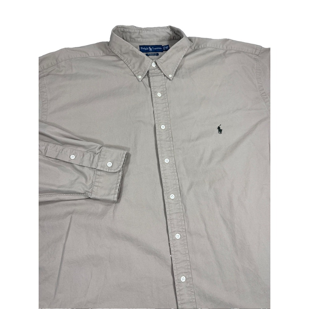 Ralph Lauren Shirt Men's 3XB Big Tan Beige Long Sleeve Classic Fit Green Pony